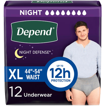 Depend Night Defense Adult Diapers, Incontinence Underwear for Men, Disposable, Overnight, Extra-Large, Grey, 12 Count, Packaging May Vary