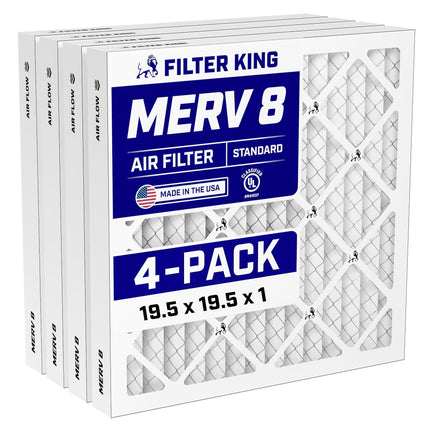 Filter King 19.5x19.5x1 Air Filter (MERV 8) (4-Pack) Dust & Allergy Control AC Furnace Filters, MADE IN USA, HVAC, Pleated, Electrostatic (Actual Size: 19.5 x 19.5 x .75)