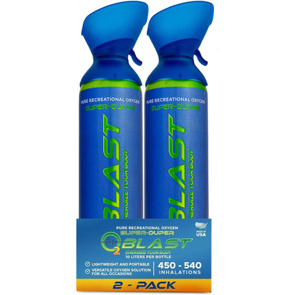 O2 Blast Portable Oxygen Tank - Canned air inhaler with 99.99% pure content, personal canister for breathing support, high altitude sports use, emergency kit, small portable tank with mask 10L, 2 Pack