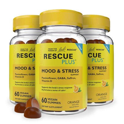 RESCUE Bach Plus Mood & Stress Support Gummies, Daytime Dietary Supplement with Passionflower, GABA, Saffron & Vitamin D, Natural Orange Flavor, Vegan & Gluten-Free, 3 Pack, 180 Count Total