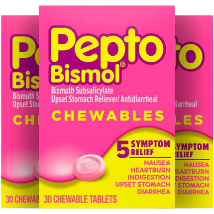 Pepto Bismol Chewable Tablets, Upset Stomach Relief, Nausea Relief, Heartburn Relief, Indigestion Relief, Anti Diarrhea Medication for Adults - 5 Symptom Relief, 90 Chewable Tablets (3x30 ct)