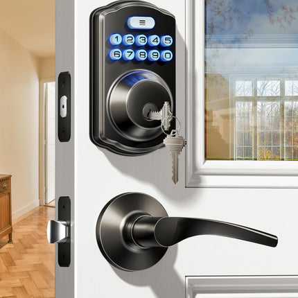 Veise Keyless Entry Door Lock with 2 Lever Handles - Electronic Keypad Deadbolt, Easy Installation Digital Smart Front Door Lock Set, Matte Black