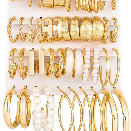 Gold Hoop Earrings Set for Women, 24 Pairs Chunky Open Hoop Set