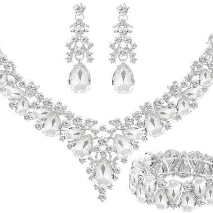 Paxuan Elegant Bridal Wedding Jewelry Set for Women / Brides / Bridesmaids Teardrop Crystal Leaf Cluster Jewelry Set for Wedding Prom Party Bridal Bridesmaids Rhinestone Crystal Necklace Earrings Bracelet Set (White(Silver))