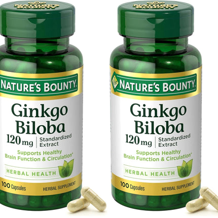 Nature's Bounty Ginkgo Biloba Capsules 120mg, Memory Support Supplement, Supports Brain Function and Mental Alertness, 100 Capsules (Pack of 2)