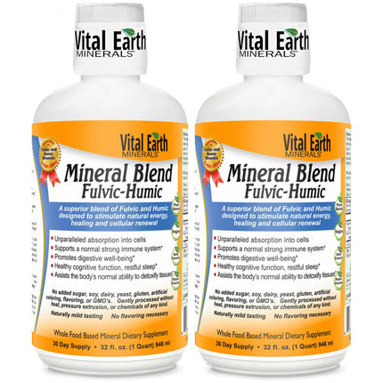Vital Earth Minerals Fulvic Humic Mineral Blend Liquid 2-Pack – Fulvic Acid Supplement with 70+ Trace Minerals, Electrolytes for Recovery, Balance & Energy, 32 Oz Ea + 1 Oz Cup Ea