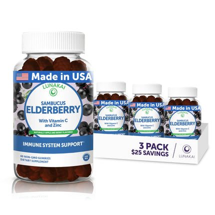 Lunakai USA Made Black Sambucus Elderberry Gummies for Adults & Kids with Vitamin C & Zinc - Immune Support, Antioxidants, Non-GMO, 3 Pack