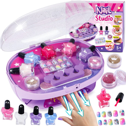 Golray Kids Nail Polish Set for Girls, All-in-One Nail Art Kit - Dryer/ Glitter Powder/ False Nails/ Nail Decals/ Toe Separator/File, Age 3-12 Little Girl Gift Toys