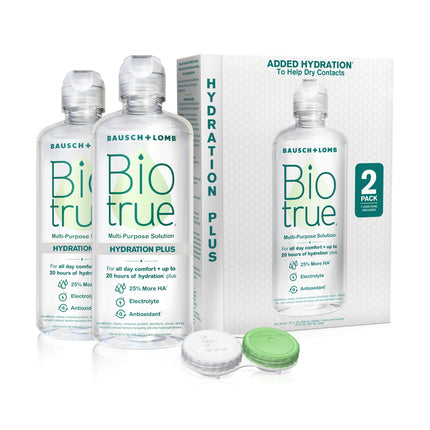 Biotrue Hydration Plus Contact Lens Solution with Lens Case, Multi-Purpose Solution for Soft Lenses, Hydrates with Hyaluronan, Cleans, Clears, and Disinfects for All-Day Comfort, 10 Fl Oz (Pack of 2)