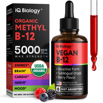Organic Vitamin B12 Liquid Drops - Sublingual Methylcobalamin 5000 mcg - Methylated B-12 Active Coenzyme Form - Energy & Nerve System Support - Vegan Vit B 12 - USA Made - Berry Flavor - 60 servings