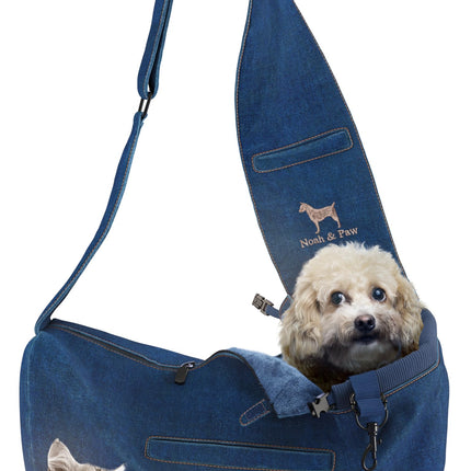 Noah & Paw Dog Sling Carrier for Small Dogs 5-18lb, Dog Sling for Small Dogs and Cats, Dog Carrier with Adjustable Padded Strap, Vegan Denim Lined with Fur, 3X Safety Features, Machine Washable