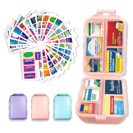 Pill Organizer with Medicine Labels 146 Labels Travel Daily Pill Container Mini Medication Organizer Storage Travel Essentials Pill Case 7 Day Pill Organizer (Blue+Pink+Purple, 3 Packs (Large))