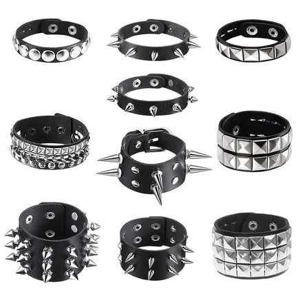 10 Pieces Studded Bracelet, Emo Spiked Bracelets Y2k Black Leather Rivet Punk Bracelet Rock Cuff Goth Bracelets Punk Accessories Halloween for Men Women