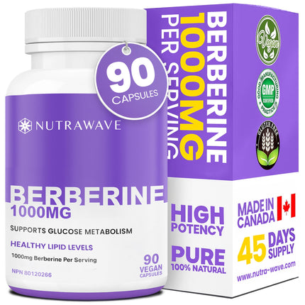 Nutra Wave Pure Berberine HCL 1000mg Supplement – High Potency Berberine Capsules – Supports Digestive & Gut Health – Non-GMO, Gluten Free, 90 Vegan Capsules