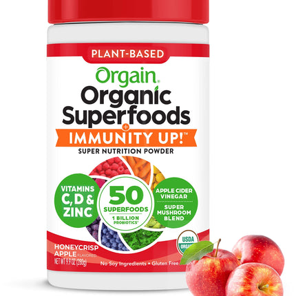 Orgain Organic Greens + 50 Superfoods Immunity Up! Powder, Honeycrisp Apple - Immune Support, Probiotics, Vitamin C, D & Zinc, Apple Cider Vinegar, Ashwagandha, Cordyceps & Reishi Mushrooms - 0.62lb