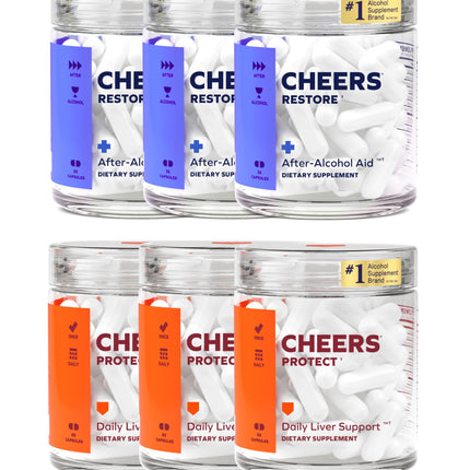 Cheers Liver Combo | Restore + Protect | Support Your Liver & Feel Better After Drinking | DHM, L-Cysteine, Milk Thistle, Prickly Pear, B-Vitamins | 36 Doses Restore, 90 Doses Protect | Supplements