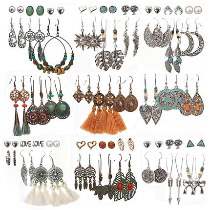 JMScape 45 Pairs Boho Vintage Drop Dangle Earrings Set for Women, Fashion Bohemian Earrings National Style Tassel Eardrop Hollow Bronze Waterdrop Leaf Jewelry for Valentine's Day Gifts