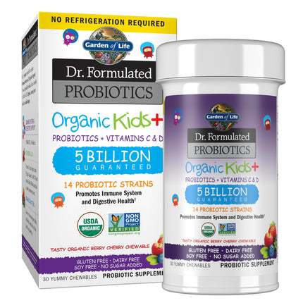 Garden of Life Dr. Formulated Probiotics Organic Kids+ plus Vitamin C & D - Berry Cherry - Gluten, Dairy & Soy Free Immune & Digestive Health Supplement, No Added Sugar, 30 Chewables (Shelf Stable)
