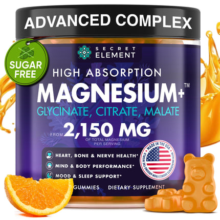 Secret Element Magnesium Glycinate 2150MG Gummies for Women and Men, High Absorption Magnesium Glycinate, Citrate, Malate Gummies for Adults & Kids, Sleep Support, Sugar Free, Vegan, 60 Chews, Orange