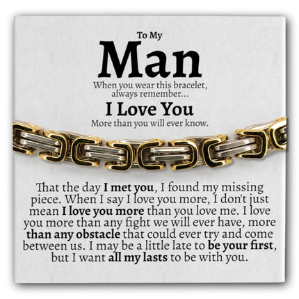 Love You This Much To My Man Cuban Link Bracelet for Him, Romantic Birthday Gifts for Him, Jewelry for Him, Best Gifts for Husband from Wife (Silver-Gold, Stainless Steel)