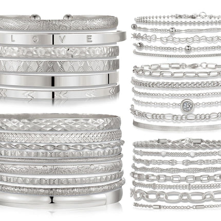IFKM 5 PACK (35 PCS) Silver Chain Bangles Bracelets Set for Women, Silver Multiple Layered Stackable Open Cuff Bangle Anklet Bracelet Trendy Elegance Link Beads Italian Boho Cuban Jewelry for Women Gift