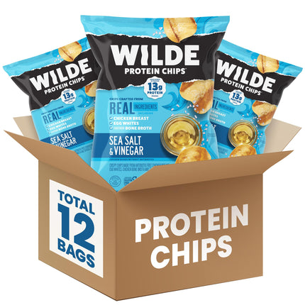 WILDE Protein Chips, High Protein Snacks for Adults, Keto Chips, Gluten Free, Low Carb Snack Box Made with Real Ingredients 1.34oz Bags, Pack of 12, Sea Salt & Vinegar