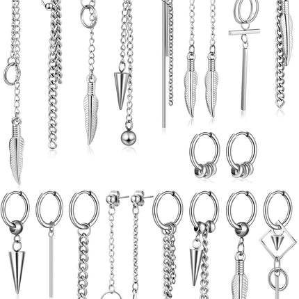 Hicarer 20 Pcs Men Dangle Earrings Stainless Steel Huggie Hoop Drop,Silver