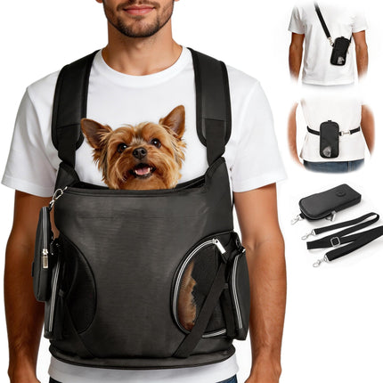 YUDODO Dog Front Backpack Carrier 5-12 lbs, Soft Breathable Pet Front Facing Carrier with Adjustable Straps, Multi-Pocket Design, for Small Dogs & Cats (with Detachable Sling Pouch - Black)