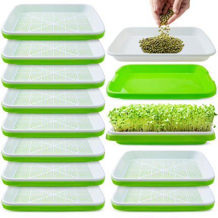 warmfarm Pack 10 of Seed Sprouter Tray with Drain Holes,Seed Germination Trays Kit BPA Free Nursery Tray,Soil-Free Wheatgrass Tray Sprouter Microgreens Growing Kit (Green-10 Pack)