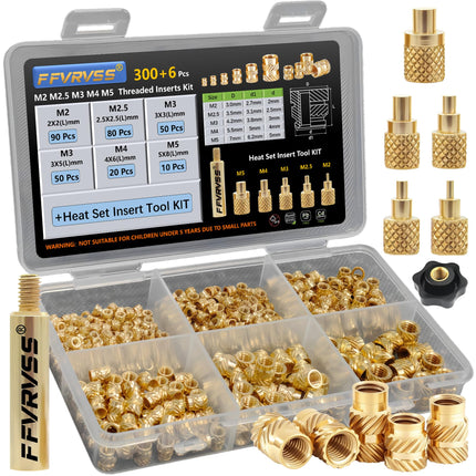 FFVRVSS M2 M2.5 M3 M4 M5 M6 Premium Brass Threaded Inserts, Metric Brass Knurled Nuts Assortment Kit, with Heat Set Insert Tool, for Plastic and 3D Printing Components. (320Pcs M2-M5 Kit+Tools)