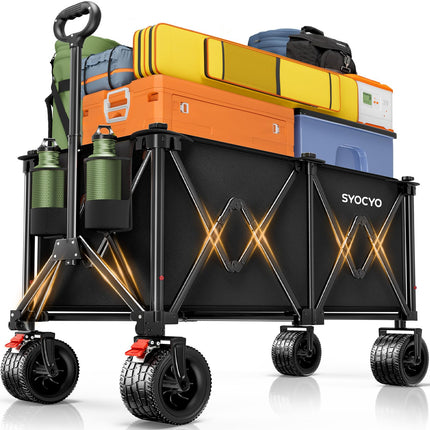 Beach Wagon Carts Foldable 580LBS Collapsible Wagon with Big All-Terrain Wheels for Sand 340L Heavy Duty Utility Carts with Cup Holders for Garden, Camping, Grocery, Black