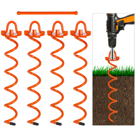 FEED GARDEN 16 Inch Spiral Ground Anchors Heavy Duty Screw in Spiral Stakes, 4 Pack Folding Ring Ground Stakes for Securing Dogs,Tents, Trampolines, Canopies, Swing Sets, Orange