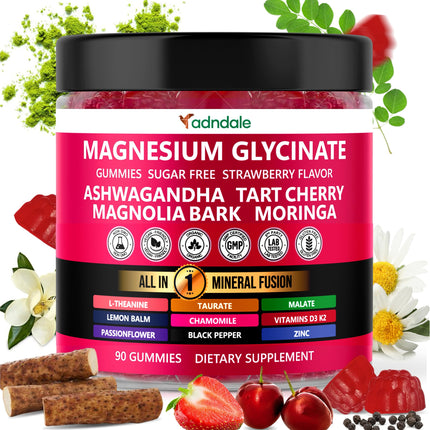 Adndale Magnesium Glycinate 400 mg Gummies with Ashwagandha, Magnesium Malate & Taurate, Tart Cherry, Magnolia Bark, Lemon Balm, Passionflower, Chamomile, L-Theanine, Zinc, Vitamin K2 & D3. 90CT