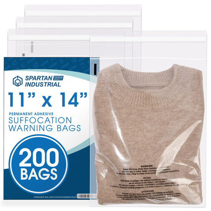 11” X 14” (200 Count) Self Seal Clear Poly Bags with Suffocation Warning