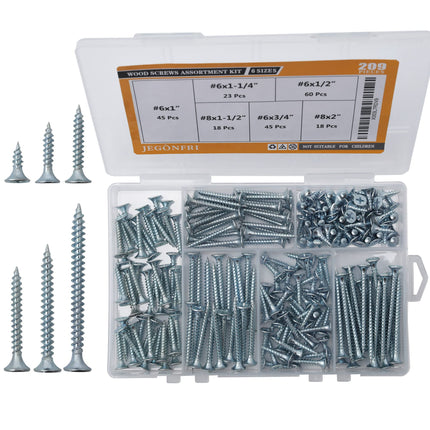 JEGONFRI 209PCS Wood Screw Assortment Kit, 6 Sizes Flat Head Phillips