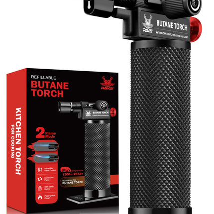 RAVS Butane Torch Lighter, DUAL Flame Mode Kitchen Torch with Adjustable Flame, Refillable Creme Brulee Torch for Baking, Cooking, Metal Body Soldering Torch, Black/Red, Butane Gas Not Included