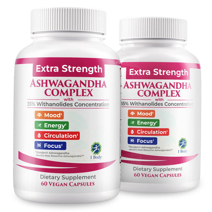 1 Body Ashwagandha Complex Supplement, Focus and Energy Support, 120 Vegan Capsules