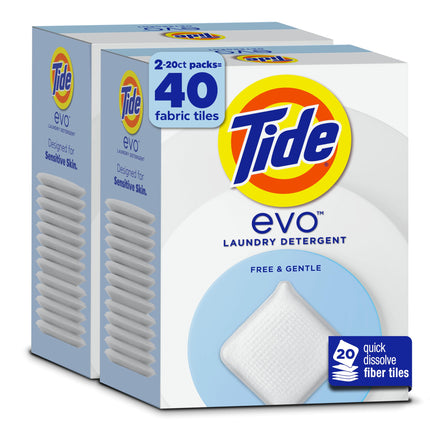 Tide evo Laundry Detergent Free & Gentle Works on 100% of Common Stains Concentrated Travel Detergent HE Compatible and Instant Dissolve Fights Stains Better than Leading Detergent Sheet, 40 Count
