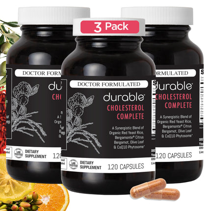Durable Cholesterol Complete – Organic Red Yeast Rice 1,600 mg + Bergamonte® Citrus Bergamot 1,000 mg + Ubiqsome® CoQ10 + Olive Leaf + Vitamin C – Doctor Formulated, Made in USA (360 Capsules)
