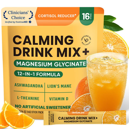 Venture Pal Calm Drink Mix, 12-in-1 Cortisol Reducer and Sleep Aid with Magnesium Glycinate, Ashwagandha, L-Theanine,Vitamin D, Calm Magnesium Powder for Relax & Focus, No Sugar, Non GMO