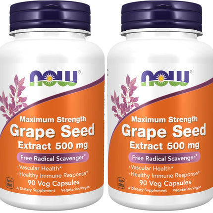 NOW Supplements, Grape Seed Extract, Maximum Strength 500 mg (a Highly Concentrated Extract with a Minimum of 90% Polyphenols), 90 Veg Capsules, Red/Brown, 0.25 pounds (Pack of 2)