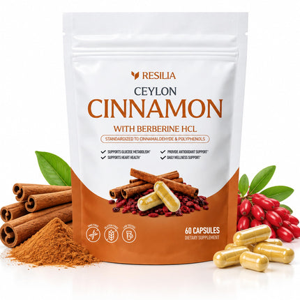 Resilia Ceylon Cinnamon Capsules with Berberine HCl, 60 Vegetable Capsules | 1,000 mg Cinnamon bark and 500 mg Berberine HCl per Two-Capsule Serving, 30-Day Supply