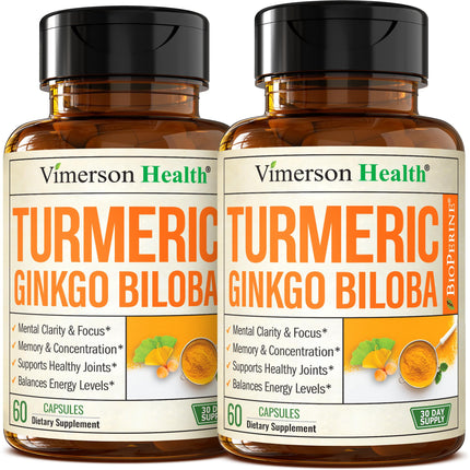 Ginko Biloba Capsules with Ginkgo Biloba 120mg & Organic Turmeric for Joint Support, Focus and Brain Health – Gingo Biloba Supplement with Black Pepper (Bioperine) for Max Absorption – 2 Pack