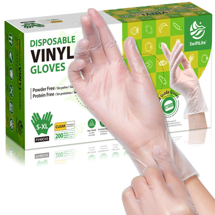 SWIFTLITE Disposable Vinyl Gloves, Food Safe, Latex-Free Powder-Free Clear Plastic Gloves for Cooking, House Clean, Food Prep (200, X-Large)