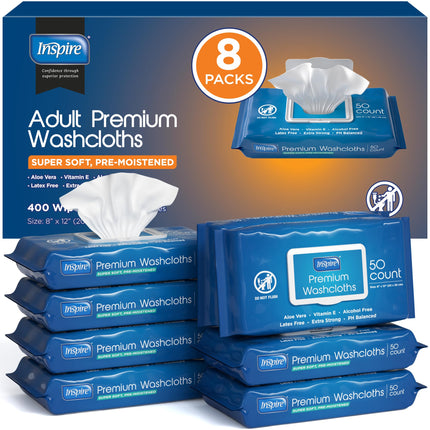 Inspire Adult Wet Wipes, Wash Cloths, Incontinence & Cleansing for Elderly Extra Large, 8"x12" (Pack of 8)