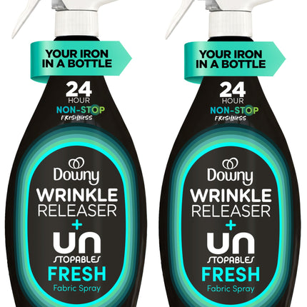 Downy Wrinkle Releaser Spray, All In One Wrinkle Release Spray, Odor Eliminator, Static Remover, Fabric Refresher & Ironing Aid for Clothes, 33.8 Fl Oz (Pack of 2), Unstopables Fresh Scent
