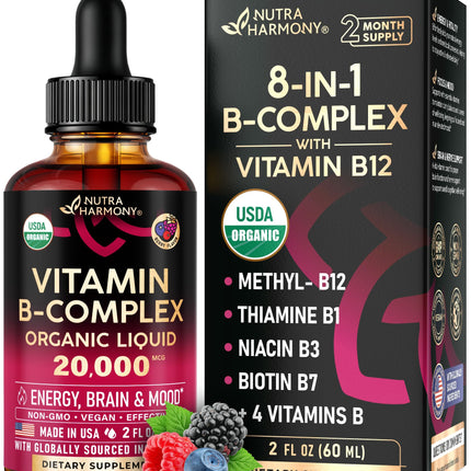 USDA Organic Vitamin B-Complex B5 Pantothenic Acid | B12 Methylcobalamin | B1 Thiamine | B6 Pyridoxine | B7 Biotin | B9 Folic | B3 Niacinamide - B Complex Liquid Drops, Made in USA Supplement, 2 Pack