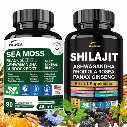 DLNIA Shilajit & Sea Moss Vitality Bundle – 90 Capsules per Bottle