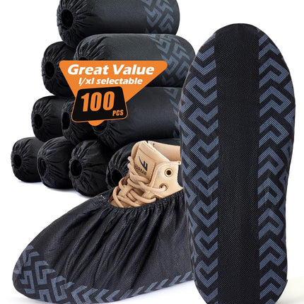 X-Large 100 Pcs Shoe Covers Disposable Non-Slip, Breathable Shoe Covers for Indoors, Slip-resistant, Durable, Non-Woven Booties for Shoes Covers,Stretchable Fits Up To13 US Men,Black
