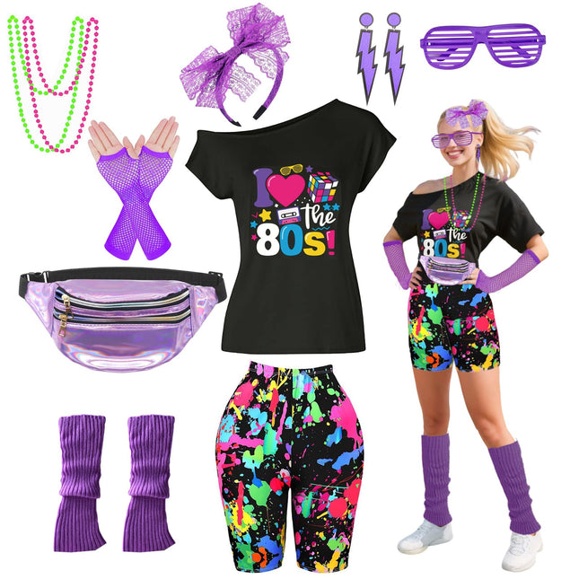 80s Outfit Women Costume Accessories Set T Shirt Shorts Tutu Skirt Neno Party Leg Warmers Headband